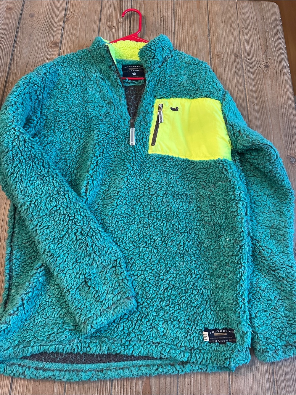 Southern Marsh Kids Teal Sherpa Pullover with Neon Yellow Chest Pocket